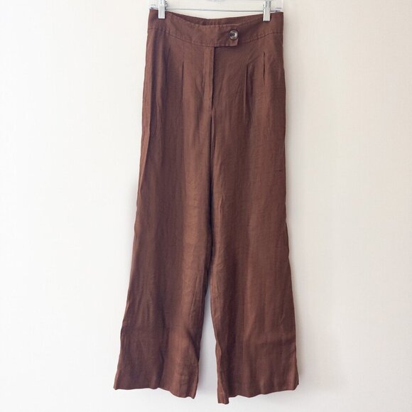 Elie Tahari Brown Linen Blend Wide Leg Trousers Size 6